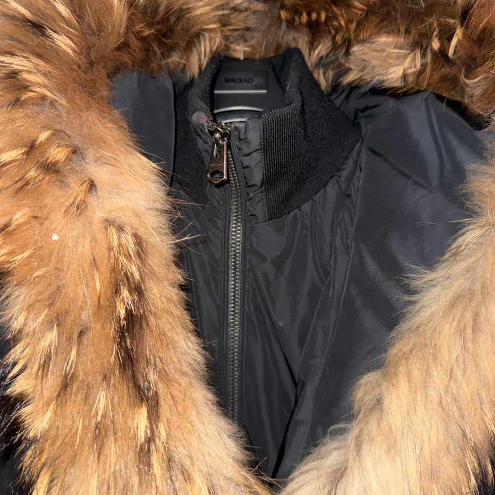 Mackage Black Puffer Jacket with Brown Fur Trim